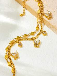 1 Peça Pulseira Elegante de Moda com Duas Camadas Empilhadas para Mulheres, Pingente Decorativo de Coração e Borboleta em Aço Inoxidável, Adequado para Todas as Estações e Ocasiões