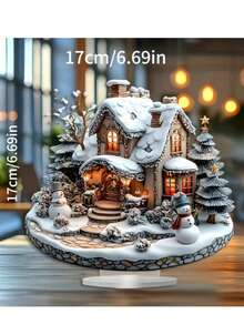 Decor de birou acrilic 2D multifuncțional, stil boho, casă de Crăciun - casă de zăpadă cu om de zăpadă și copac - cadou ideal de sărbători pentru acasă și la birou