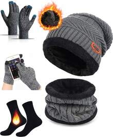 Bufanda y Guantes Tactiles y Calcetines Termica,Gorros  Tejido de Punto y Bufandas Forro de Lana Hombre y Mujer,Regalos Invierno para Nieve Esquiar - Rojo - Ver 3