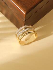 Gift Box Set Elegant Cubic Zirconia Line Wrapped Silver Ring, Fashionable Jewelry For Women, Suitable For Wedding, Valentine's Day Gift - Gold-cross Lines - View 5