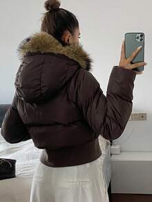 Livesso Casaco feminino acolchoado de algodão com capuz e acabamento fofo, jaqueta de inverno - Castanho Café - Ver 5