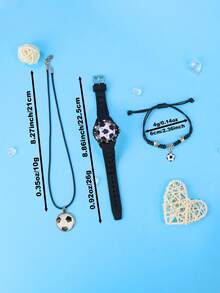 3PCS Football Soccer Fan Quartz Watch Set For Boys - Sporty Style 2025 Soccer Watches With Adjustable Silicone Straps, Football Braided Rope Bracelet + Necklace, Birthday Christmas Holiday Gift For Kids Age 3-14 (Black) - Black - View 3