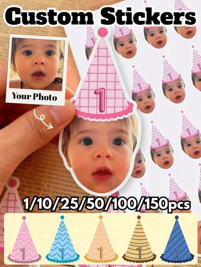 1/10/25/50/100/150 piezas Pegatinas de cumpleaños personalizables, número de edad y rostro personalizado, diseño de gorro de fiesta, adecuado para vasos de fiesta, regalos divertidos, etiquetas de regalo personalizadas, decoraciones de fiesta divertidas, decoraciones navideñas divertidas, decoraciones personalizadas, regalos divertidos