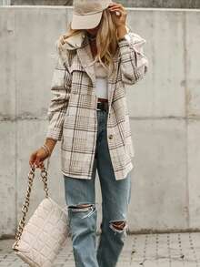 Damska kurtka w kratę z kapturem, luźny płaszcz z wełny w modnym stylu