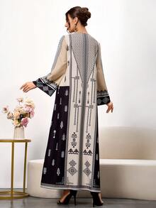 女士优雅花卉图案长袖V领复古连衣裙，适合日常穿着 - 彩色 - 查看 2