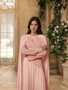 1 件纯色优雅宫廷风格垂坠披肩袖系带腰部设计长裙，适合婚宴，四季皆宜 - 粉色 - 查看 2