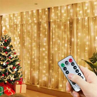 传统风格 USB 供电 LED 窗帘灯串和遥控器，8 种照明模式，可调光金属仙女灯带红外传感器功能，独立式梦幻主题卧室壁挂装饰，非常适合圣诞节、派对、情人节