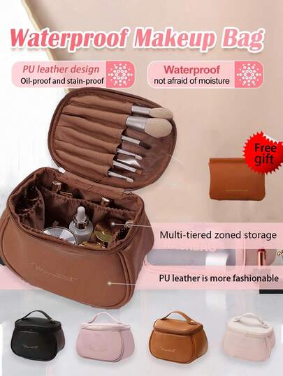 1 pezzo Borsa da trucco da viaggio in pelle PU, custodia portatile e impermeabile, borsa cosmetica portatile da donna, borsa da toilette impermeabile di grande capacità, organizer multifunzionale antipolvere, adatta per pennelli da trucco, rossetti, fondotinta, siero, oli essenziali, palette ombretti, articoli essenziali per la camera da letto, articoli essenziali per i viaggi, articoli essenziali per i voli, articoli essenziali per gli studenti, organizer da scrivania, regalo per amici, insegnanti, madri, amanti, regalo di Ognissanti, regalo di Natale, necessità autunnale/invernale, decorazione autunnale, decorazione camera da letto