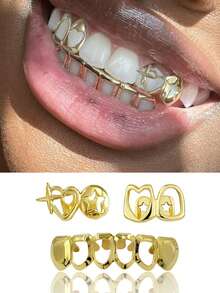 THATBOY 3pcs/Set Fashionable Hollow Heart & Star Tooth Grillz, DIY Combination Hollow Open Face Hiphop Tooth Jewelry Set, Suitable For Festivals, Parties, And Daily Wear