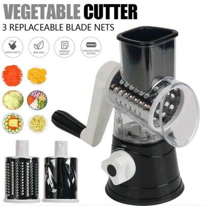 手动蔬菜切割机桌面滚筒圆形曼陀林切片机洋葱土豆胡萝卜磨碎机带 3 个切碎刀片厨房小工具。可调节 3 种不同类型的不锈钢手动旋转蔬菜切碎机圆形蔬菜切碎机曼陀林切片机 - 蔬菜切片机/切割机 - 土豆切片机 - 奶酪磨碎机 - 食物切片机