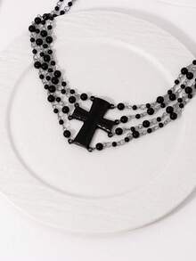 1 pieza Collar de capas con cuentas y cruz de estilo punk gótico para mujer, accesorio para fiestas, festivales de música, reuniones