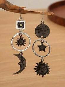 1 Pair Retro Creative Moon & Sun Long Pendant Earrings, Fashion Jewelry For Men - 彩色 - 查看 3
