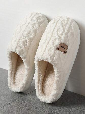 Plush Slippers Unisex, Cartoon Bear Design Indoor Anti-Slip Warm Soft Bottom House Slippers For Couple, Women & Men, Size 36-45, Pink/White/Gray, Autumn/Winter