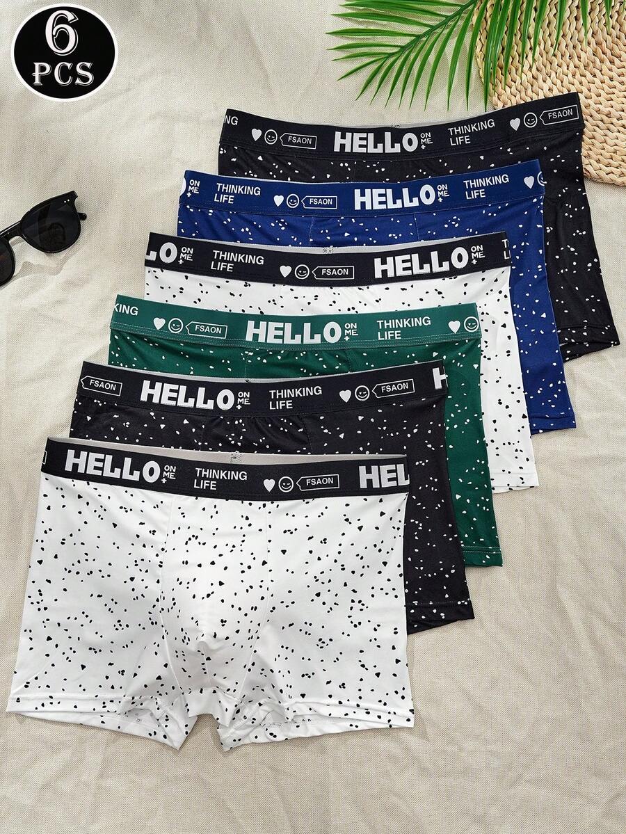 6pcs Men's Boxer Briefs, Teenager Underwear, Personalized Polka Dot Print HELLO Waistband Design, Comfortable And Skin-Friendly - Multicolor - View 1