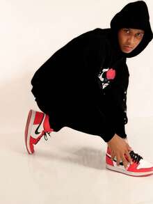 2025 New Style Fashion Unisex Spider Web Foam Print Hip Hop Loose Heavyweight Terry Hoodie - 黑色 - 查看 4