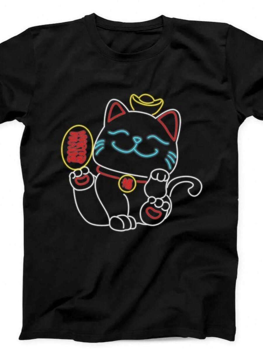 Maneki Neko Japanese Lucky Cat Neon Line Light Funny Gift Black T Shirt B68 - 黑色 - 查看 1