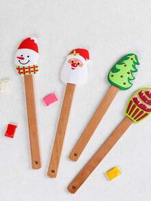 1pc Christmas Silicone Scraper With Wooden Handle, Christmas Icing Scraper, Beechwood Household Kitchen Baking Cream Cake Spatula Silicone Scraper - Multicolor - View 3