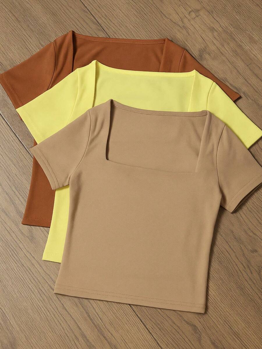 Square Suplex Cropped Top With Casual Lining For Women, Kit With 3 - 棕色/黃色/米色 - 查看 1