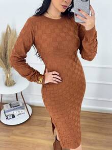 WOMEN'S MODAL KNITTED DRESS, ROUND NECK, MIDI, WITH SLIT, AUTUMN/WINTER - 駝色 - 查看 2
