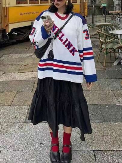 Ropa de otoño e invierno talla grande para mujeres para festivales y salidas, camisetas gráficas vintage Y2K con números, gráficos de patrones, jersey blanco holgado, camiseta de jersey suelta, hippie, música de festival, fiesta, blusas casuales para damas