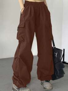 1pc Teen Girl Solid Color Loose Comfortable Casual Outdoor Sports Cargo Pants, Suitable For Spring/Autumn - Brown - View 1