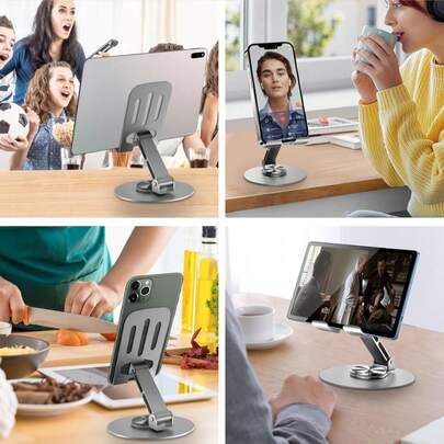 Foldable Aluminum Alloy Metal Desk Phone Stand, 360° Rotatable Adjustable, Pocket-Sized With Anti-Slip Base And Charging Port, Portable Travel & Office Accessory Compatible With IPhone, IPad, Kindle, Android Smartphones & Tablets, Gray-Purple