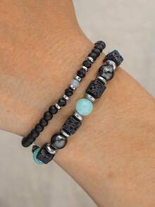 2/3pcs Teens' Fashionable Elastic Cube & Volcanic Stone Beaded Bracelet Set, Suitable For Friend Gifts, Punk Style Multi-Layer Stacking Creative Bracelet, Matching Father-Son Outfits For Travel Or Vacation - Multicolor - View 6