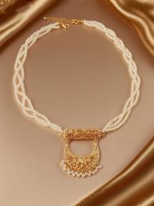 Herseygold 1pc Gold-Plated Crescent Moon Pendant Pearl Necklace, Middle Eastern Luxury Bridal Necklace, Arabic Wedding Festival Jewelry Gift For Women