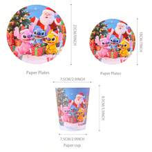 Disney Fournitures de fête sur le thème de Noël Stitch & Friends, assiettes en papier jetables de 7/9 pouces, gobelets, serviettes, décorations de fête, assiettes jetables, gobelets, serviettes, décorations de fête, anniversaire, célébration, cadeau