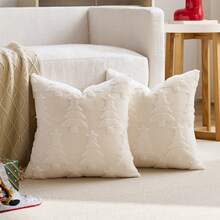 1pc/2pcs Beige Christmas Tree Embossed Decorative Pillow Cover (Pillow Insert Not Included), Reversible Dutch Linen Fabric, Square Cushion Cover, Holiday Home Decor Pillow, Soft Velvet Fabric, Modern Decor For Sofa, Bedroom, Dorm - Beige - View 3