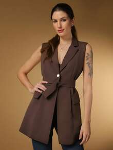 Steve Store Women's Fashion Long Tailored Blazer Vest With Formal Belt - màu nâu - Xem 1