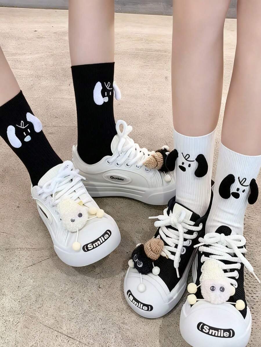 2 Pairs Cartoon Puppy Ears Crew Socks, Versatile Floor Socks For Women, Autumn/Winter - Black and White - View 1