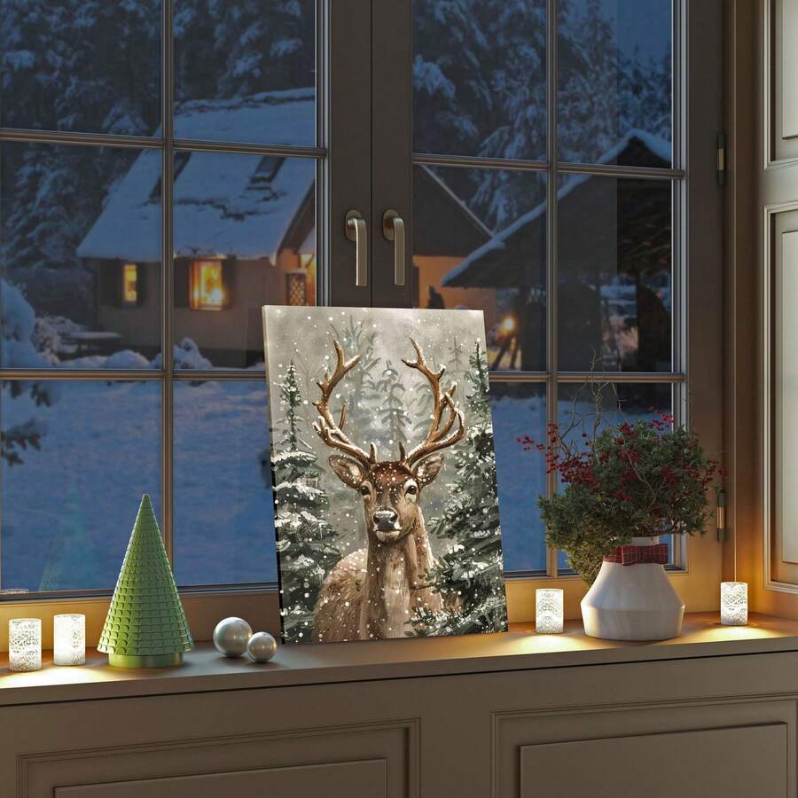 1pc Rustic Pine Wooden Frame, Winter Christmas Art Print, Enchanted Snowy Forest Deer Poster, Art Decor, Modern American Style, Animal Print, Landscape Theme, Wall Art For Home Office, Living Room, Bedroom, Children's Room, Indoor & Outdoor Use, Vertical Canvas Wrap Frame, Battery-Free