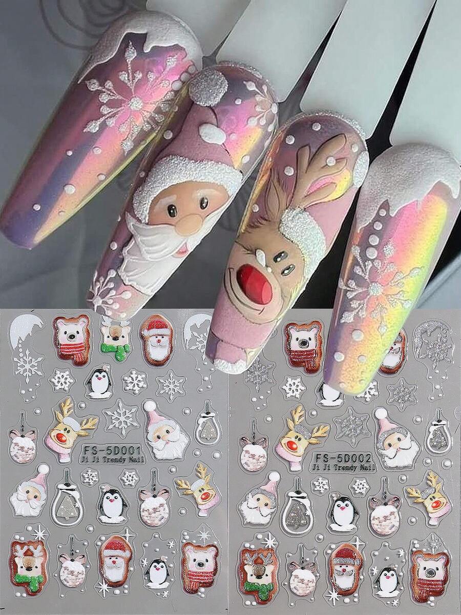 2 Stücke Glitzer Weihnachts 5D Prägung Nail Art Aufkleber Dekor Weihnachtsmann Pinguin Hirsch Schneeflocken Kugel Schal Feiertags Designs selbstklebende DIY Slider Maniküre Nail Art Zubehör Geschenk für Frauen Mädchen