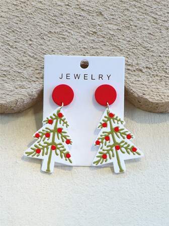 1 对女士圣诞冬青浆果和圣诞树纹理亚克力优雅节日派对耳环