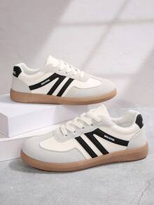 Zapatillas casuales de estilo vintage con cordones y bloque de color de punta redonda para mujer, primavera/otoño 2025