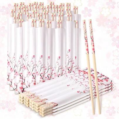 New 50 Pairs Cherry Blossom Chopsticks Bulk With Sleeved Blue Flower Disposable  Eucalyptus Chopsticks Wedding Favors Chinese Japanese Food Supply For Takeout Picnic Cherry