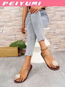 PEIYUMI Women's Fashion Flat Sandals With Decorative Strap Detail - Open Toe, Slip-On, Faux Leather, Comfortable TPR Sole - Suitable For Casual Wear, Women's Sandals - Chocolate Brown - View 3