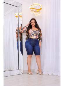 Women's Plus Size Bermuda Jeans High Waist With Lycra Shorts Mr Jeans - Azul Claro - 查看 3