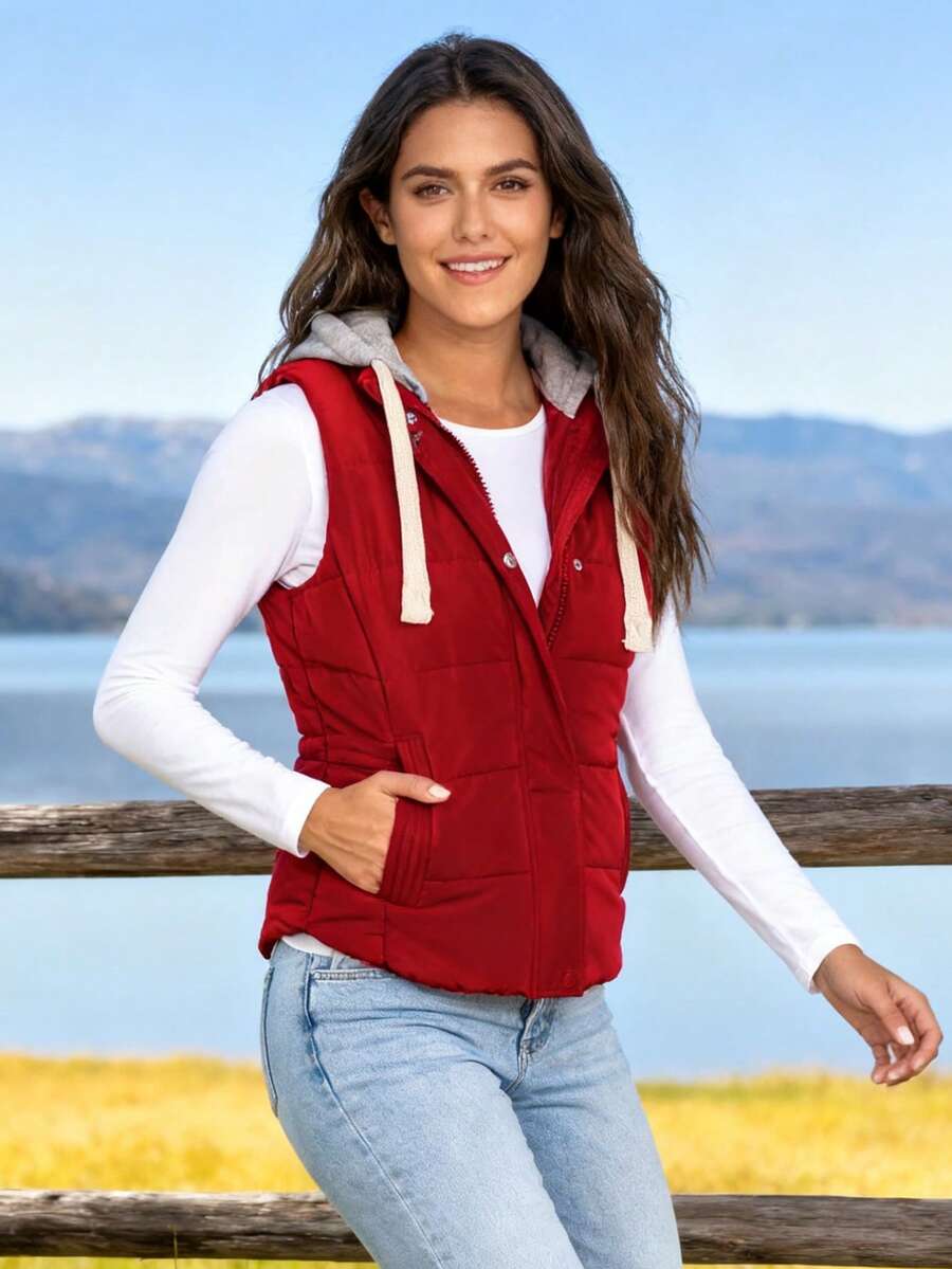 Women's Hooded Puffer Vest, Winter Warm Zip Up Quilted Jacket For Outdoor Casual Wear - 紅色 - 查看 1