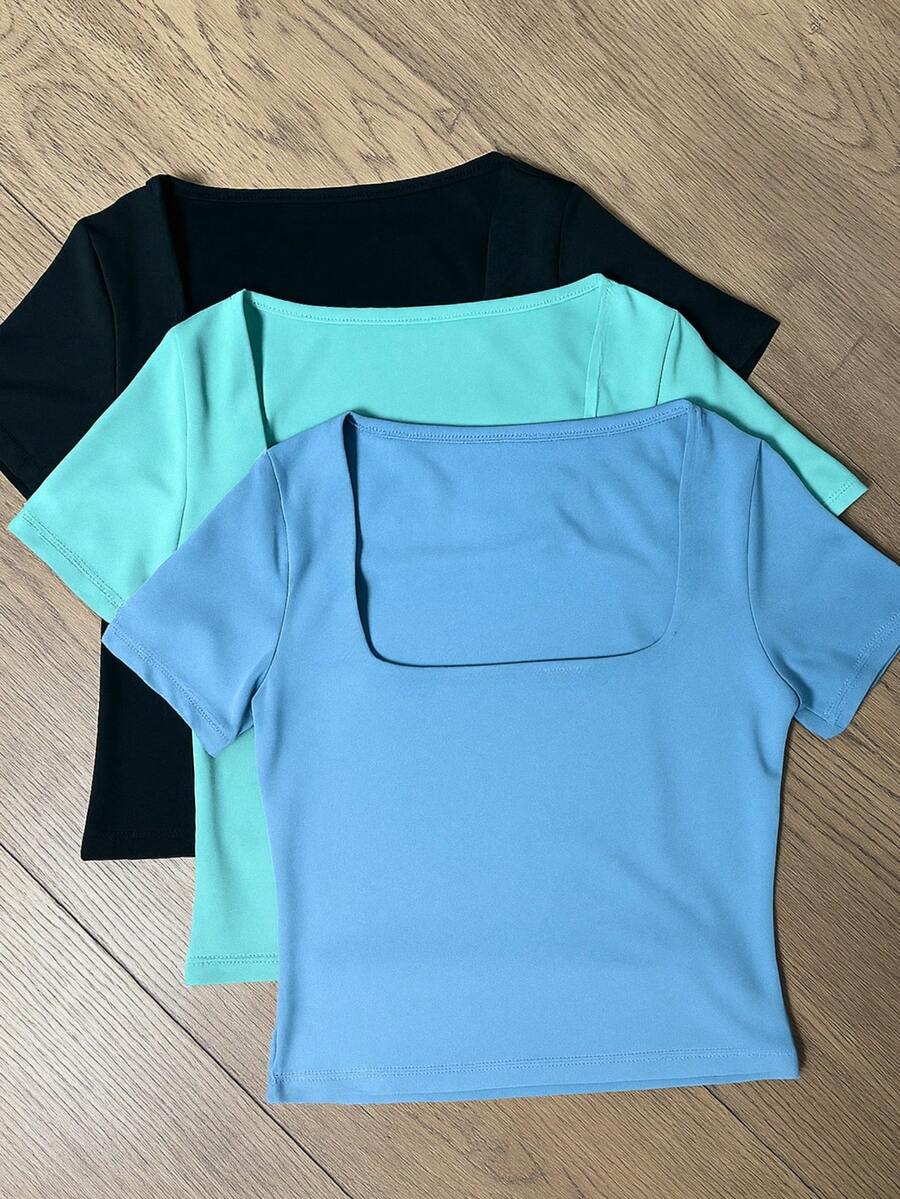 Square Suplex Cropped Top With Casual Lining For Women, Kit With 3 - Black/Aqua Green/Baby Blue - View 1