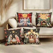4 piezas Fundas de almohada con estampado a cuadros de búfalo del nacimiento de Jesús en estilo campestre, decoración festiva perfecta para la decoración religiosa navideña, decoración de granja, invierno, sofá, dormitorio, sala de estar y decoración del hogar