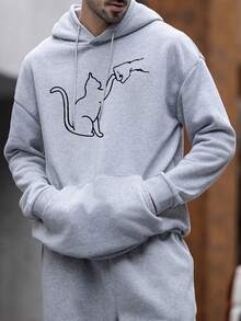 K-GLORY 男士连帽衫，新款秋冬街头风线条艺术猫咪击拳印花抓绒套头卫衣 - 灰色 - 查看 2