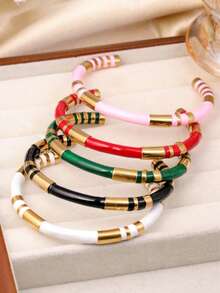 1 pieza Pulsera unisex, de acero inoxidable 304 chapado en oro con nudo de bambú multicolor de estilo natural, adecuado para uso diario y al aire libre