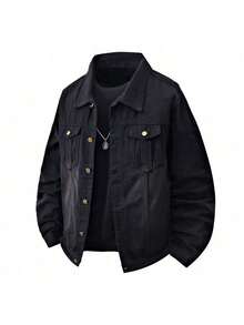2025 Moda Otoño Invierno Nueva Chaqueta de Trabajo Retro de Mezclilla de Manga Larga de Color Sólido Casual Simple para Hombres - Negro - Ver 1