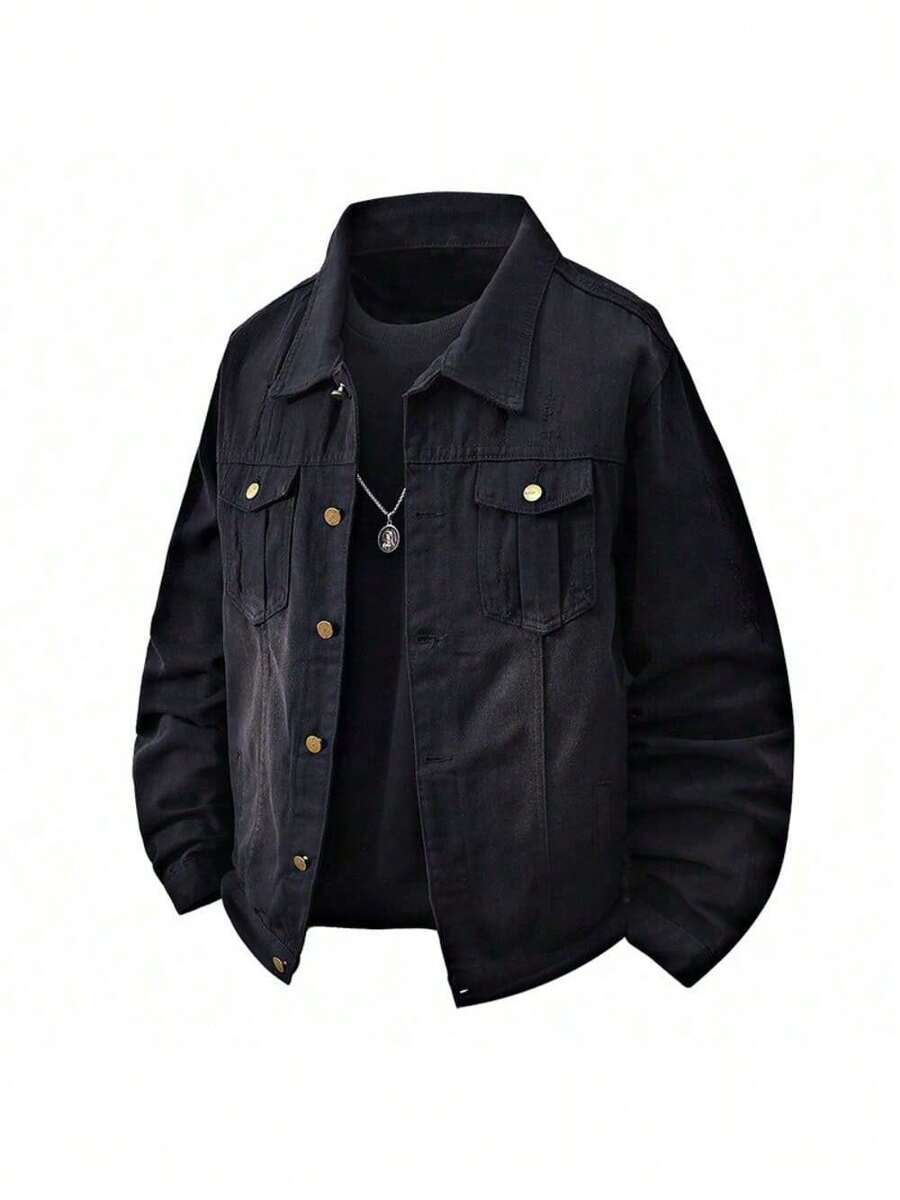 2025 Moda Otoño Invierno Nueva Chaqueta de Trabajo Retro de Mezclilla de Manga Larga de Color Sólido Casual Simple para Hombres - Negro - Ver 1