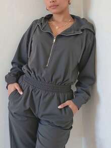 Women's Solid-Color Casual Jumpsuit With Hood, Drawstring Design, Zippered Pockets, And Long Sleeves Spring - Dark Grey - View 11
