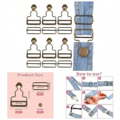 6 Sets Overalls Buckles, 1.25 Inch Metal Overall Clasp Clips With Adjustable Tri Glide Slide And Buttons, Button No - Sew Accessories Overall Bib Pants Trousers Jeans