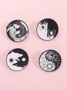 4 piezas Alfileres de solapa personalizados con diseño de Yin-Yang, Bagua, Koi, sol, luna y gato en esmalte como regalo para niños y amigos