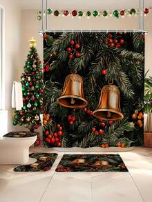 1/4 Stücke Weihnachts-Stechpalme & Tannenzapfen Glocke Muster wasserdichter Duschvorhang Set mit 12 Haken, geeignet für Fenster, Badezimmer, verschiedene Größen erhältlich